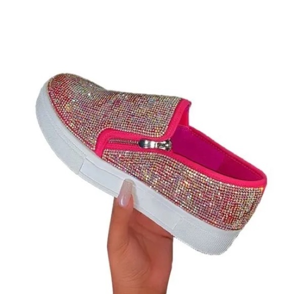 Shoes - Women's Pink Slip-On Loafers with Rhinestones